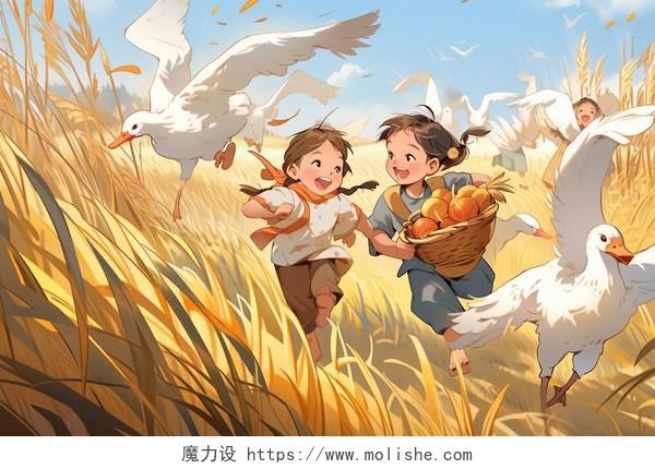 小孩在麦田里奔跑卡通AI插画儿童乡村风景秋天立秋秋收麦穗